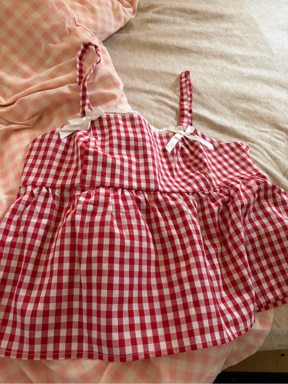 SHEIN Red and White Gingham Spaghetti Strap Tank Top
